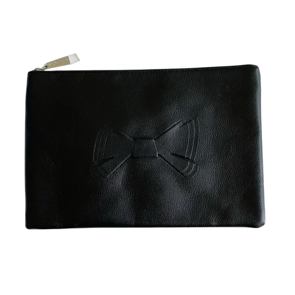 Mugler Black Pebbled Bow Embossed Zip Clutch / Makeup Bag